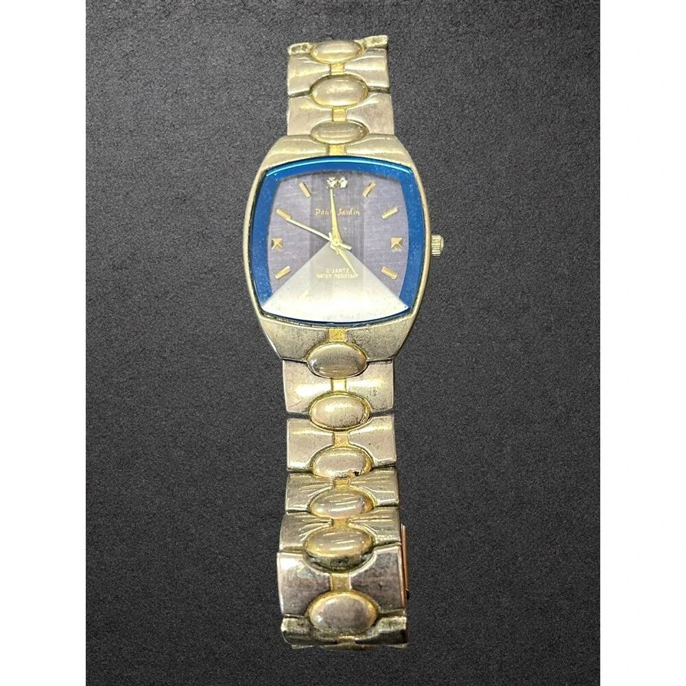 Paul Jardin Men's Quartz Watch Blue Beveled Face Two Tone Band For Parts Repair